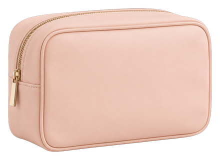 Peach vegan-leather travel pouch with a gold zipper