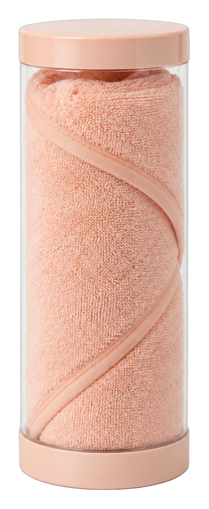 Microfiber hair towel rolled in its clear tube
