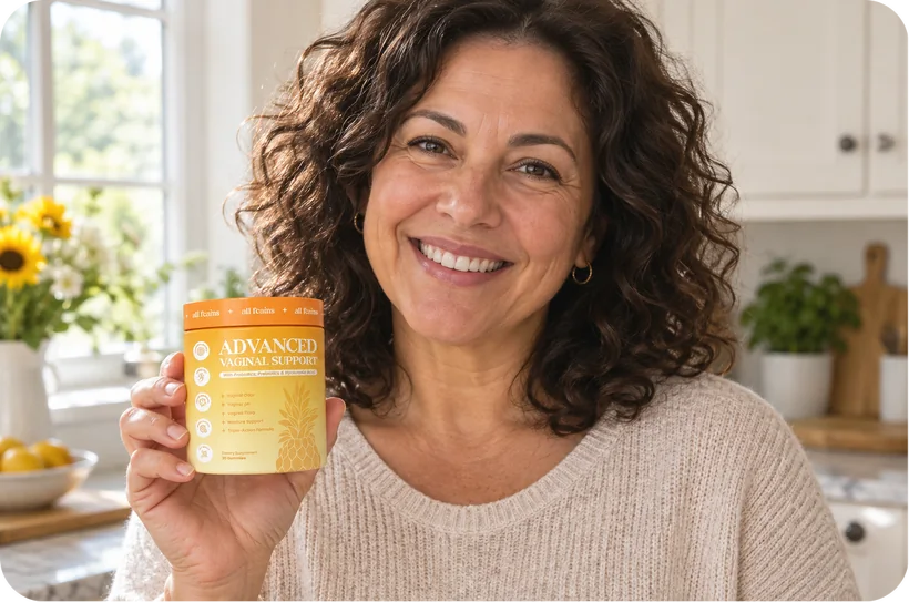 Smiling woman in her kitchen holding a jar of Advanced Vaginal Support