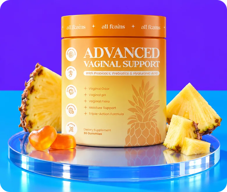 Jar of Advanced Vaginal Support with gummies on a glass pedestal