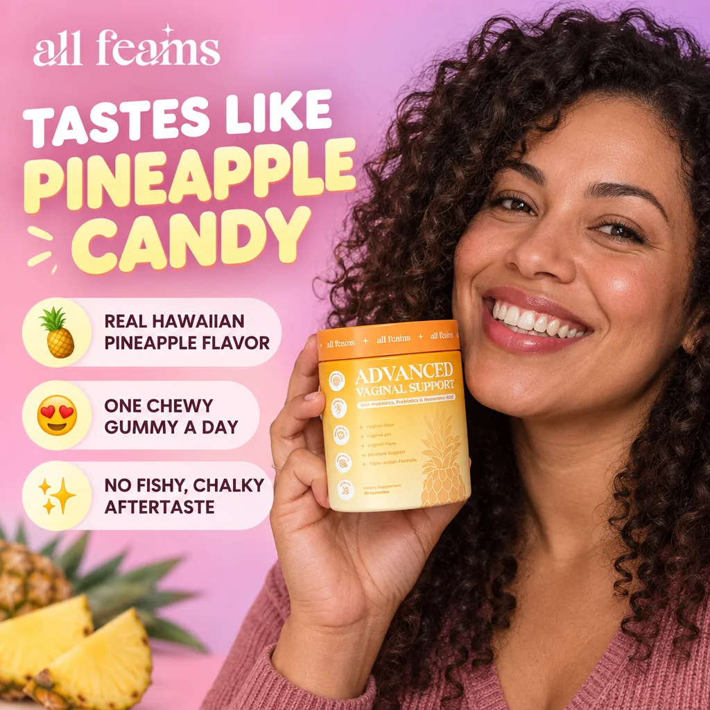 Woman holding a jar of Advanced Vaginal Support, tastes like pineapple candy