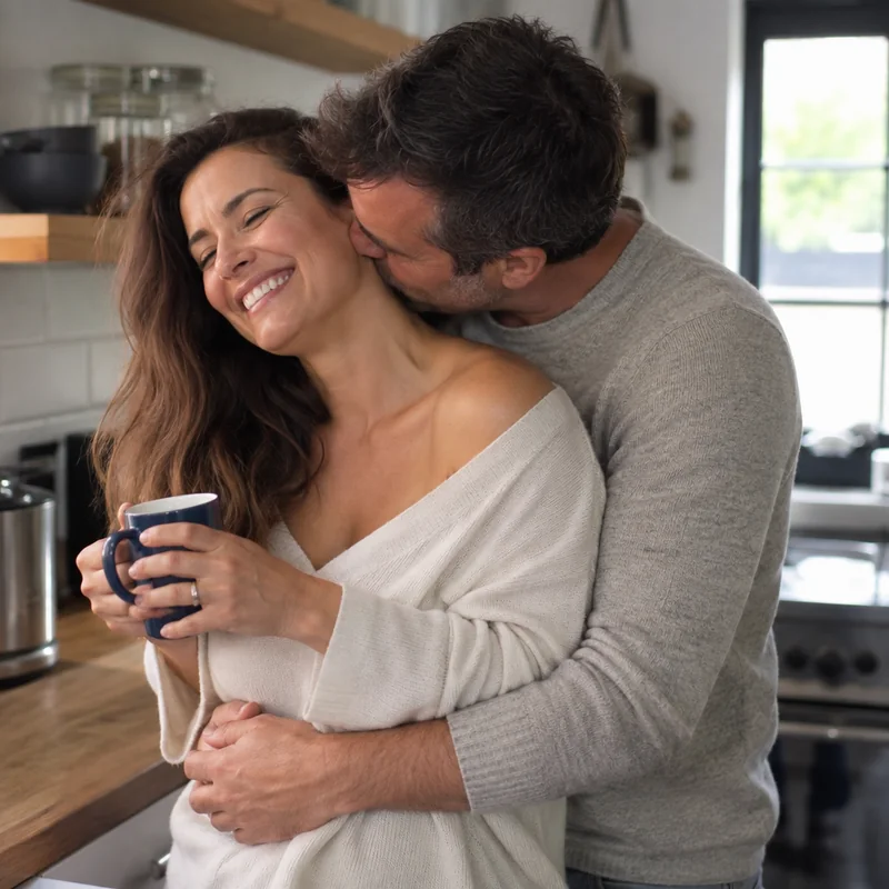 He buries his face in her neck in the kitchen
