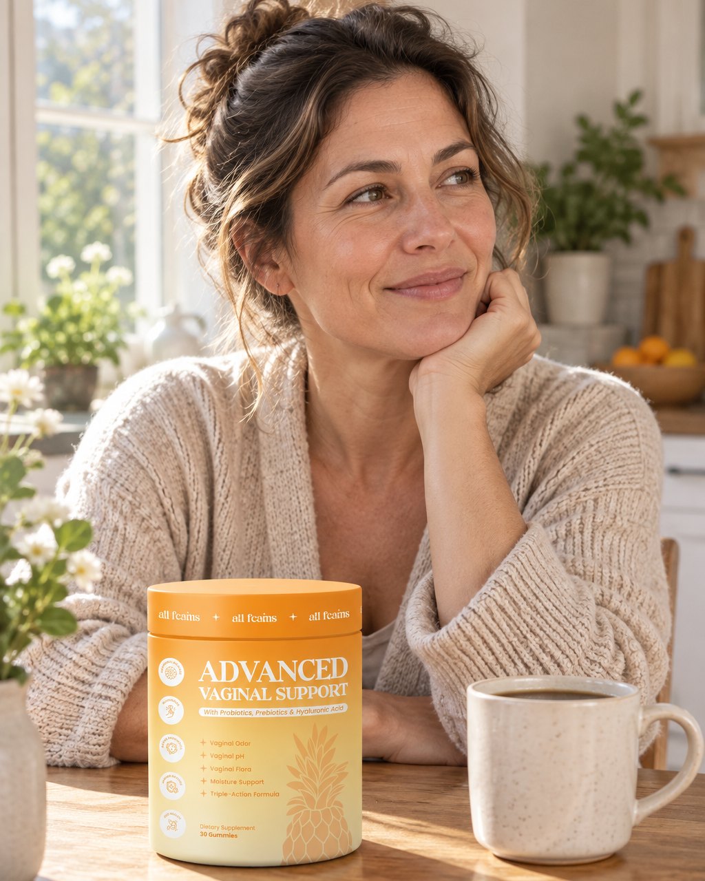 A woman at her kitchen table in the morning with the jar next to her coffee