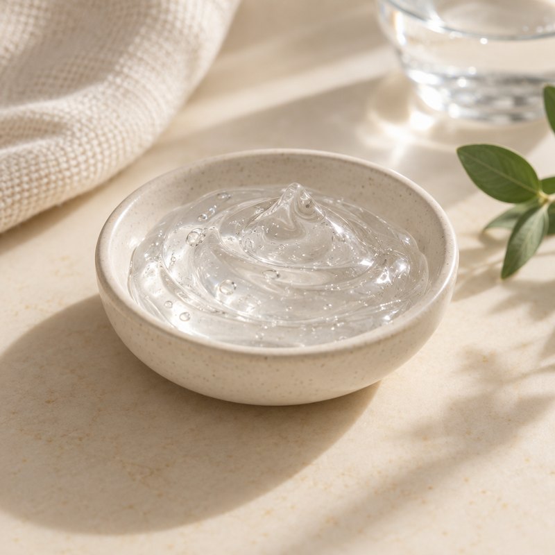 Clear hyaluronic acid gel in a small ceramic dish