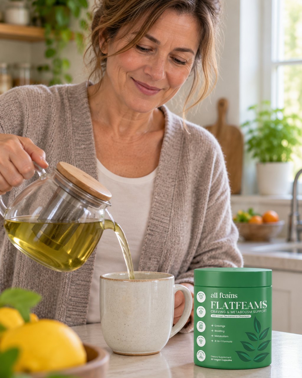 A woman pouring green tea in her kitchen, the jar on the counter beside the teapot