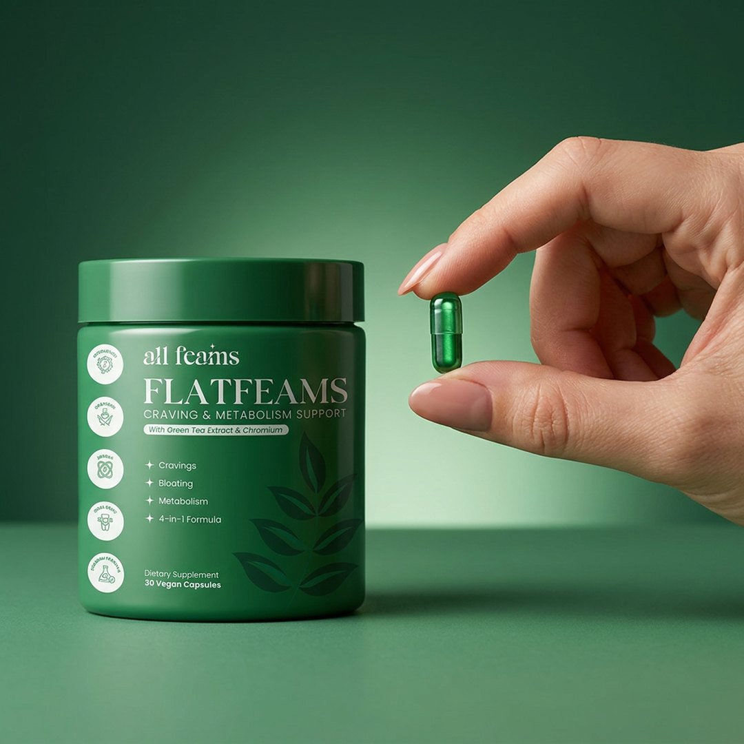 A hand holding one green capsule beside the jar