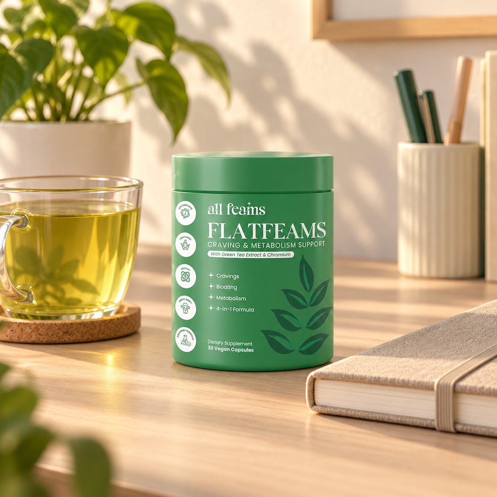 The jar on a home office desk in afternoon light next to a cup of green tea