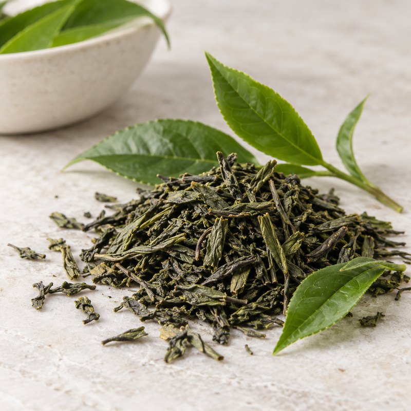 Illustration of loose green tea leaves