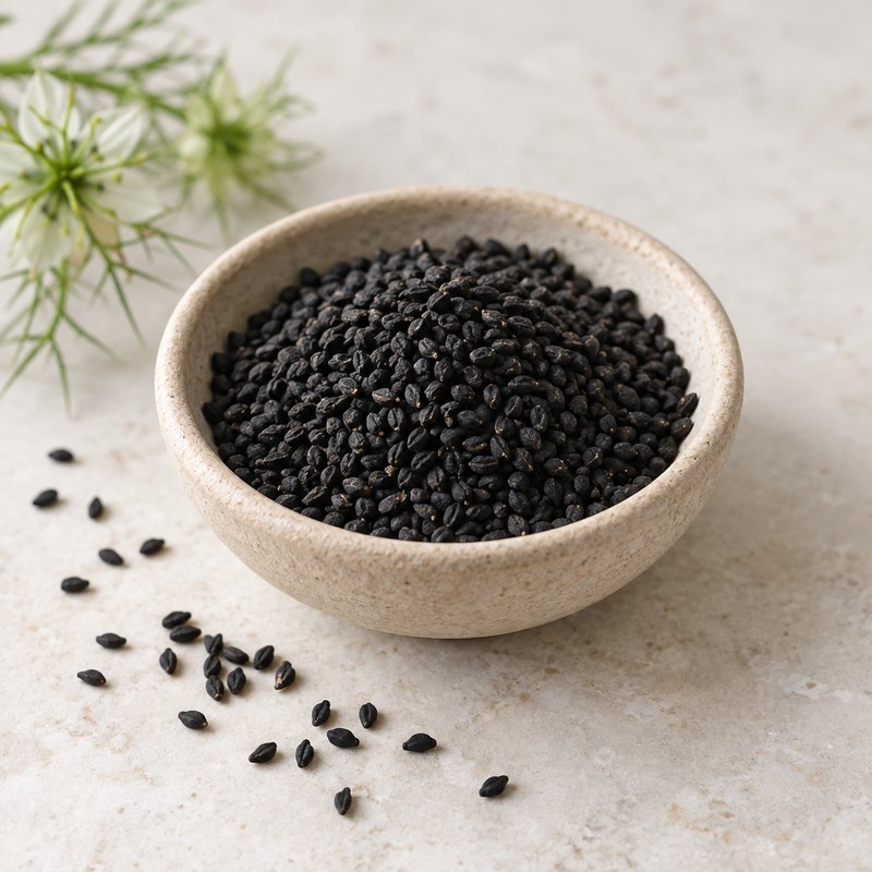 Illustration of black cumin seeds in a stoneware dish