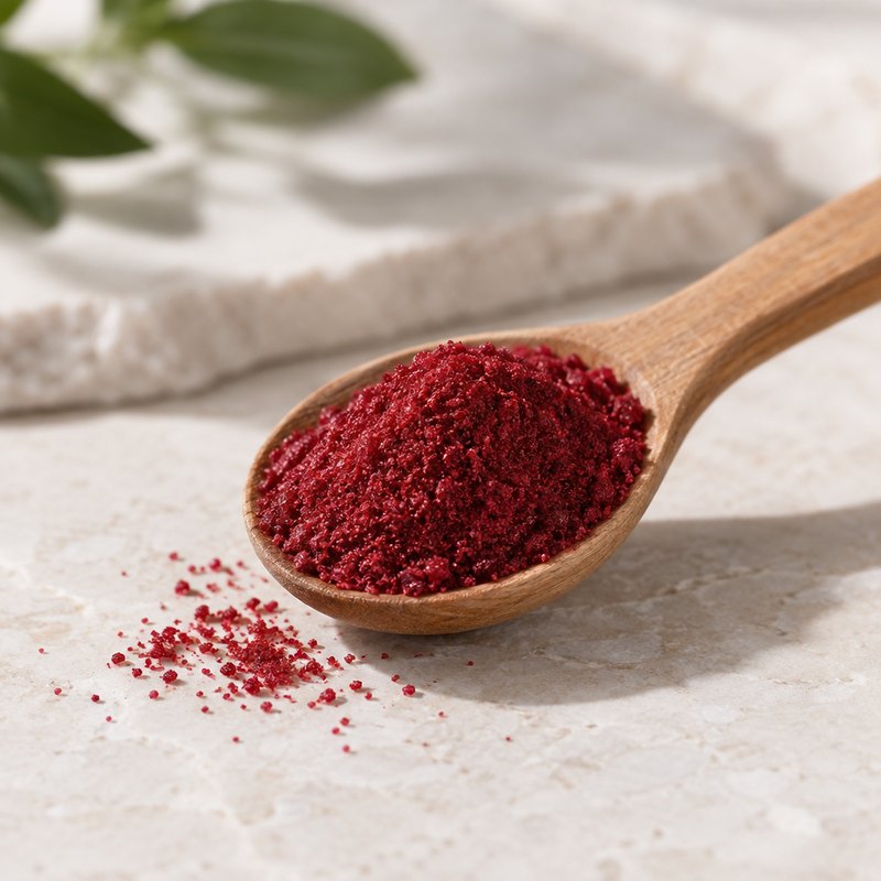 Illustration of a deep red powder in a stoneware dish