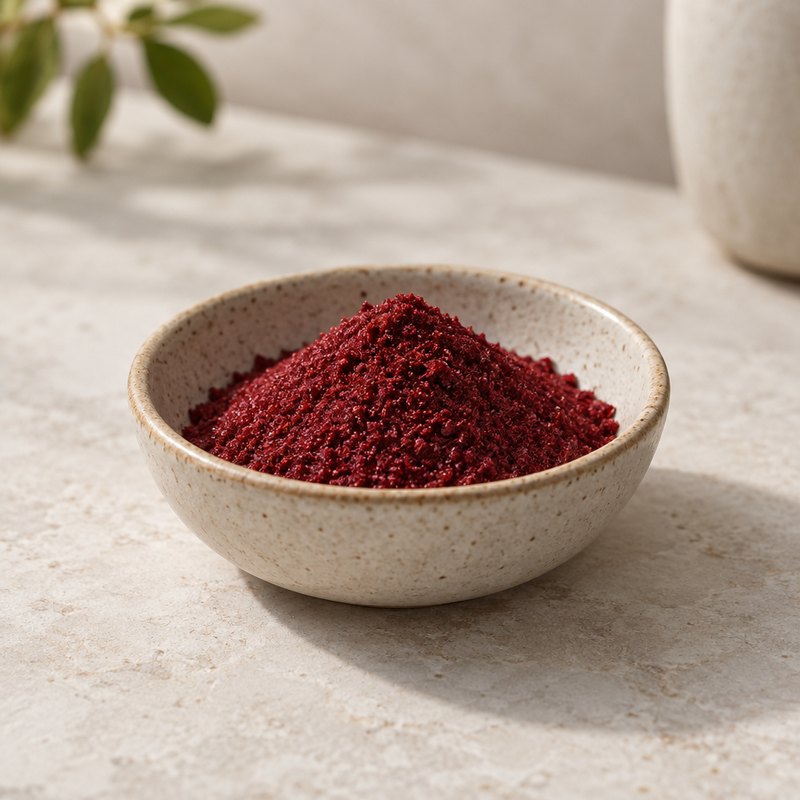 Illustration of a deep red powder in a stoneware dish