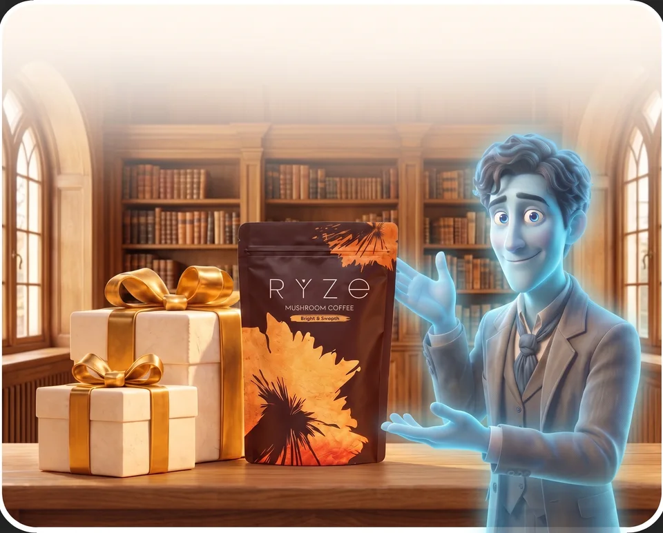UP TO 40% OFF + FREE GIFTS. RYZE coffee and gift boxes with the page character standing in the foreground, in a manor library.